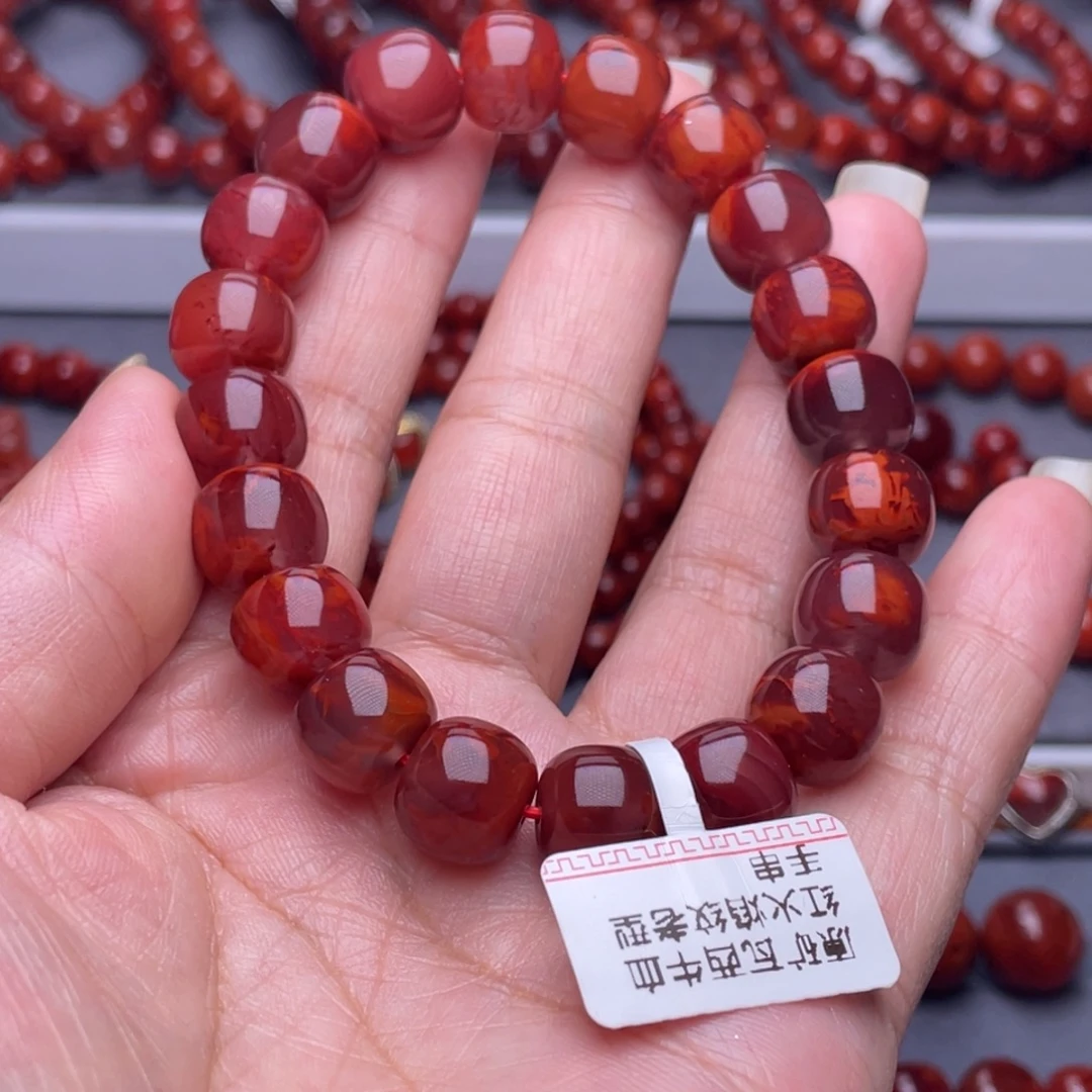 蓝***扬南红玛瑙未镶嵌配珠11.3mm瓦西玫瑰牛血火焰老型手串