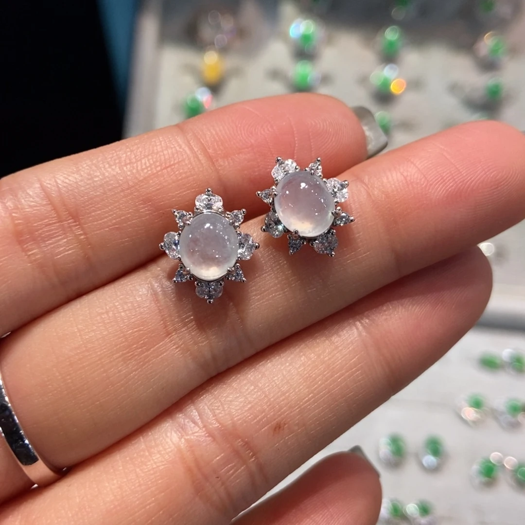 翡翠银S925镶嵌耳饰天然缅甸