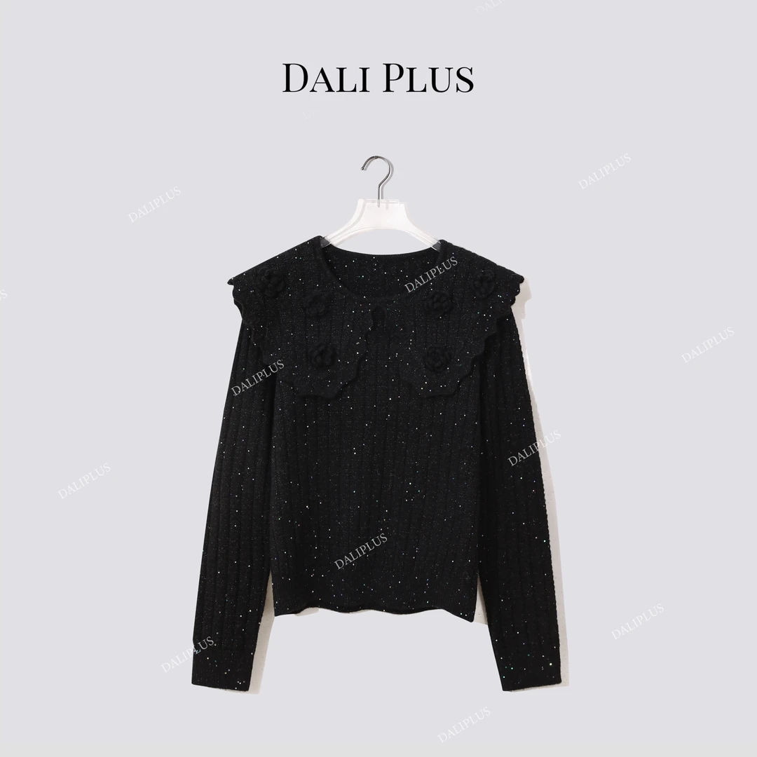 DALI PLUS“手钩花翻领毛衣”苏力羊驼羊毛混纺针织-D5MM3287