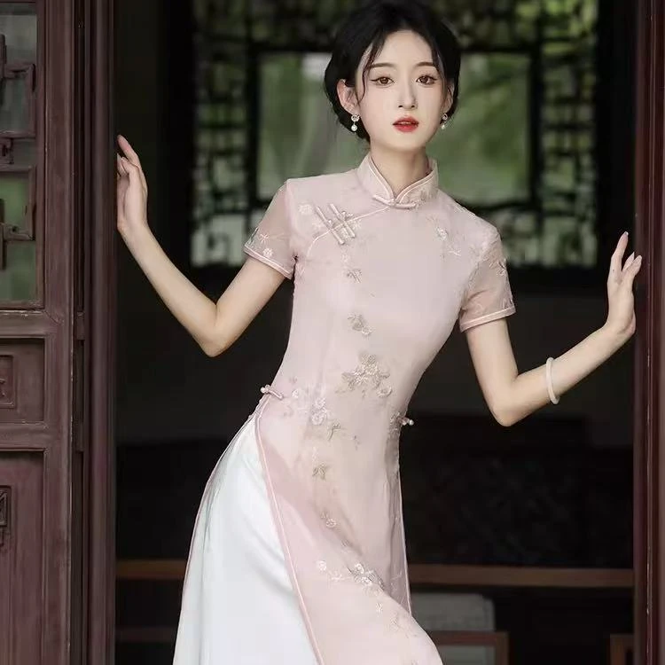 1266 【粉黛】 粉色 刺绣小花 奥戴 旗袍