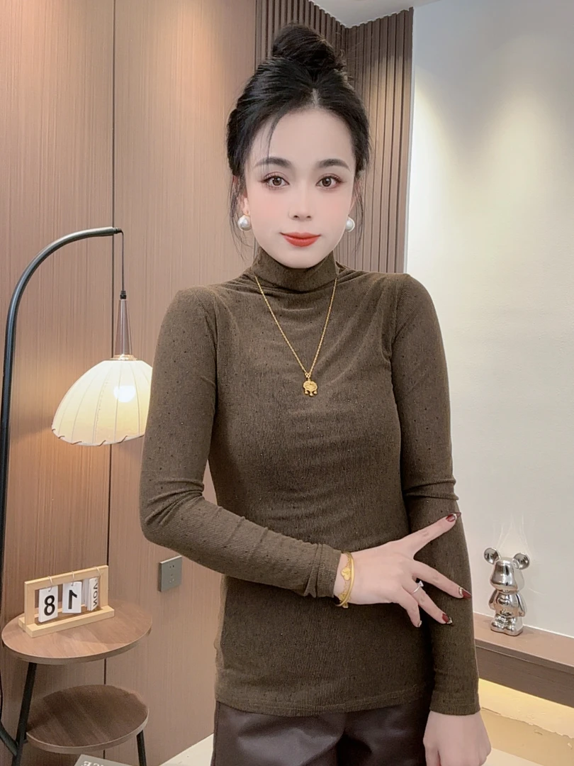 咖色亮丝针织镶钻高领打底衫6235