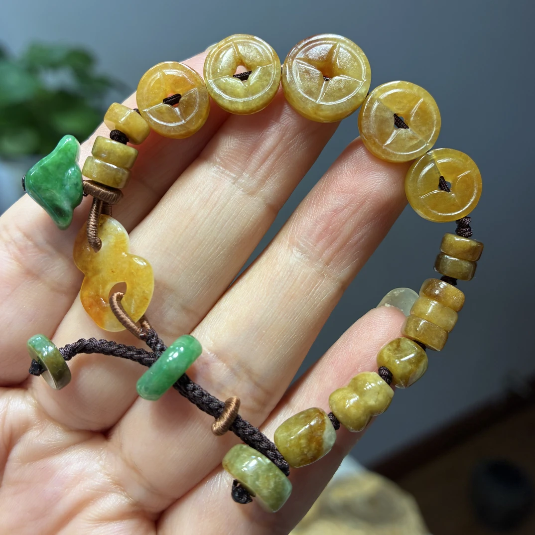 ［财运亨通］天然翡翠A货铜钱元宝盘缠手串老料原创设计