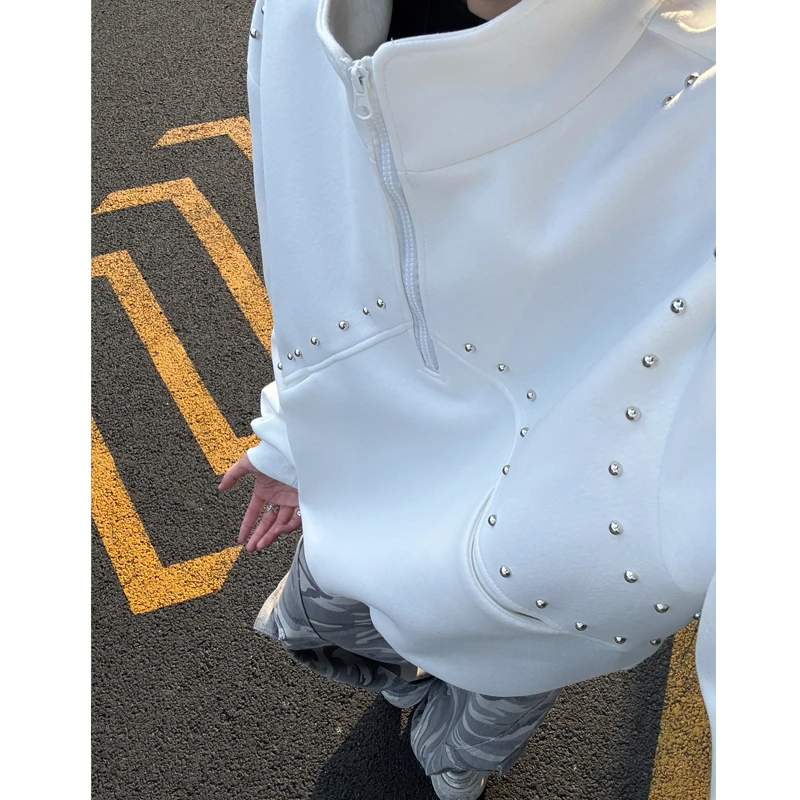 美式复古高街铆钉纯色卫衣男士秋季半拉链百搭休闲情侣立领上衣服