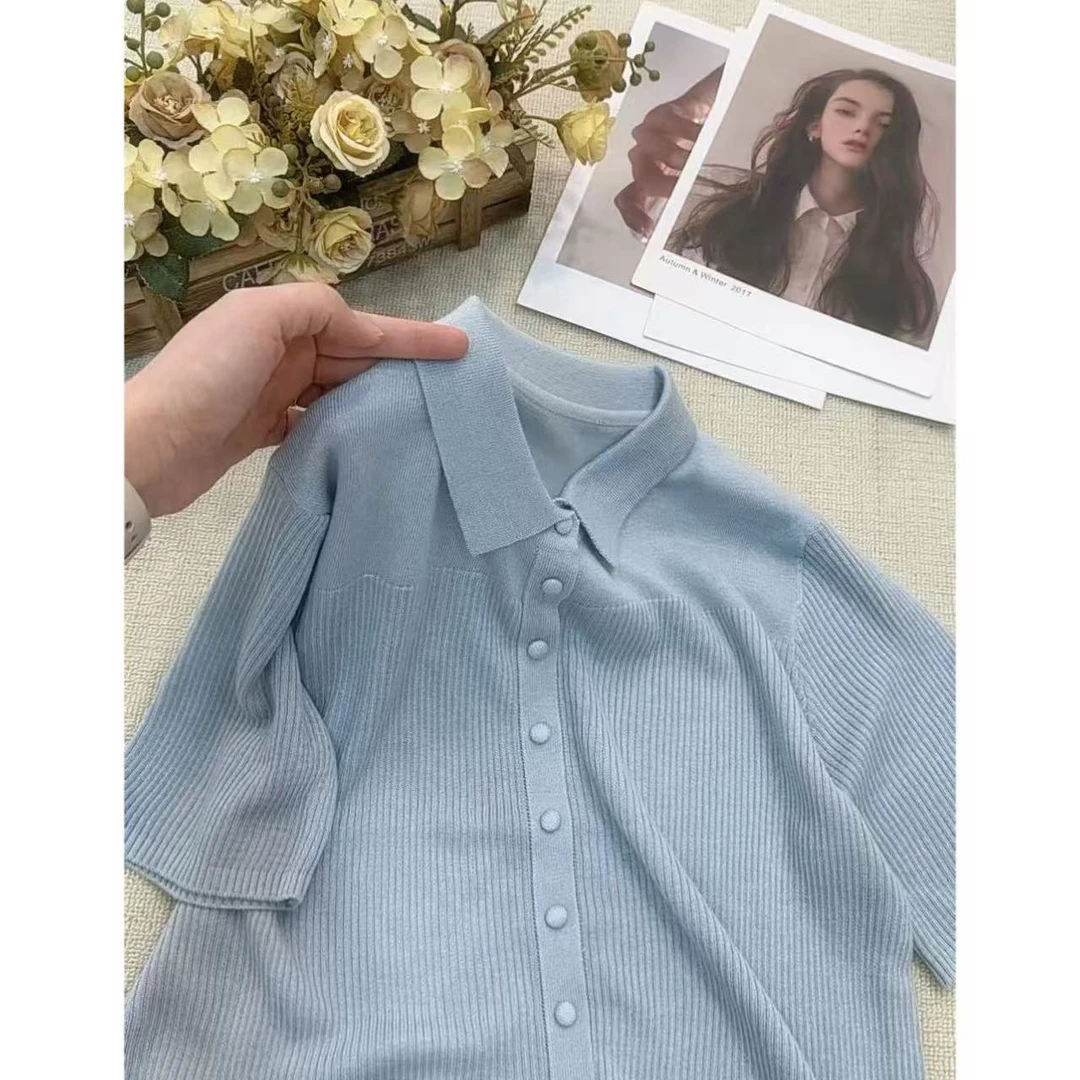 丽丽家~玉蓝翻领短袖小香风显瘦气质网红白色时尚百搭