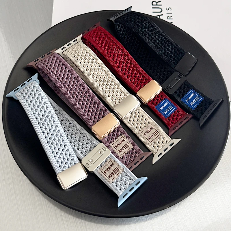 适用iwatchS10苹果SE手表S9透气AD运动标新款针织编织S8磁吸7表带