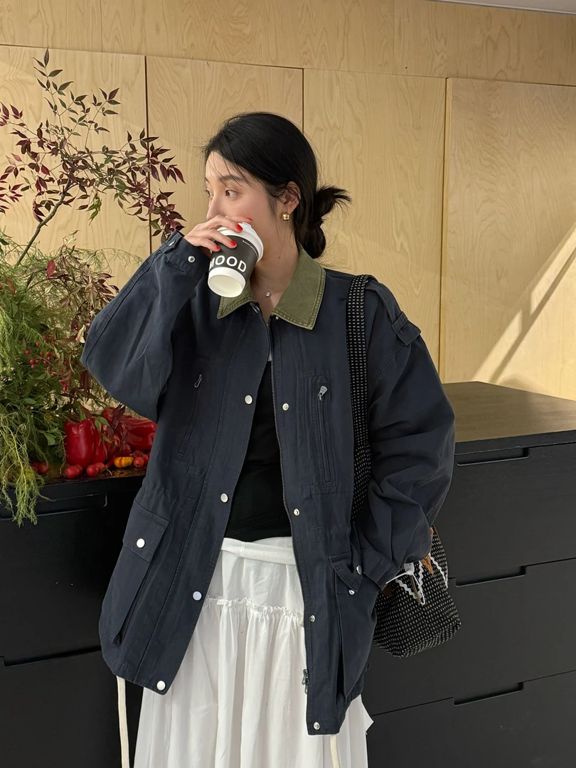 耶耶 YEYE |春季小众百搭撞色牛仔外套中古风光装夹克85069