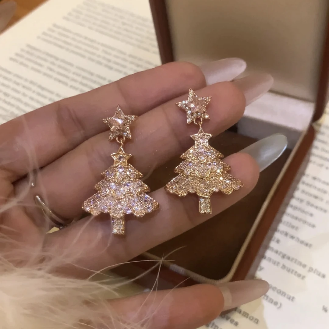 铜合金耳饰 新款爆闪圣诞树造型满镶耳钉