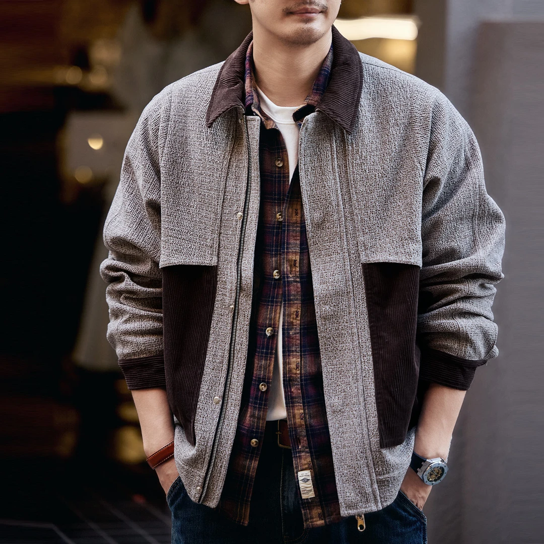 格蓝鹿高端美式拼色夹克外套男秋季潮牌宽松痞帅翻领工装休闲上衣