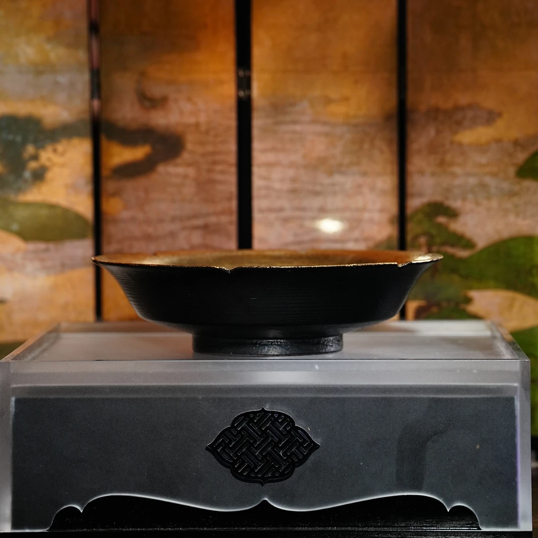 霖松堂丨黑粉引鎏金陶胎壶承直径15CM
