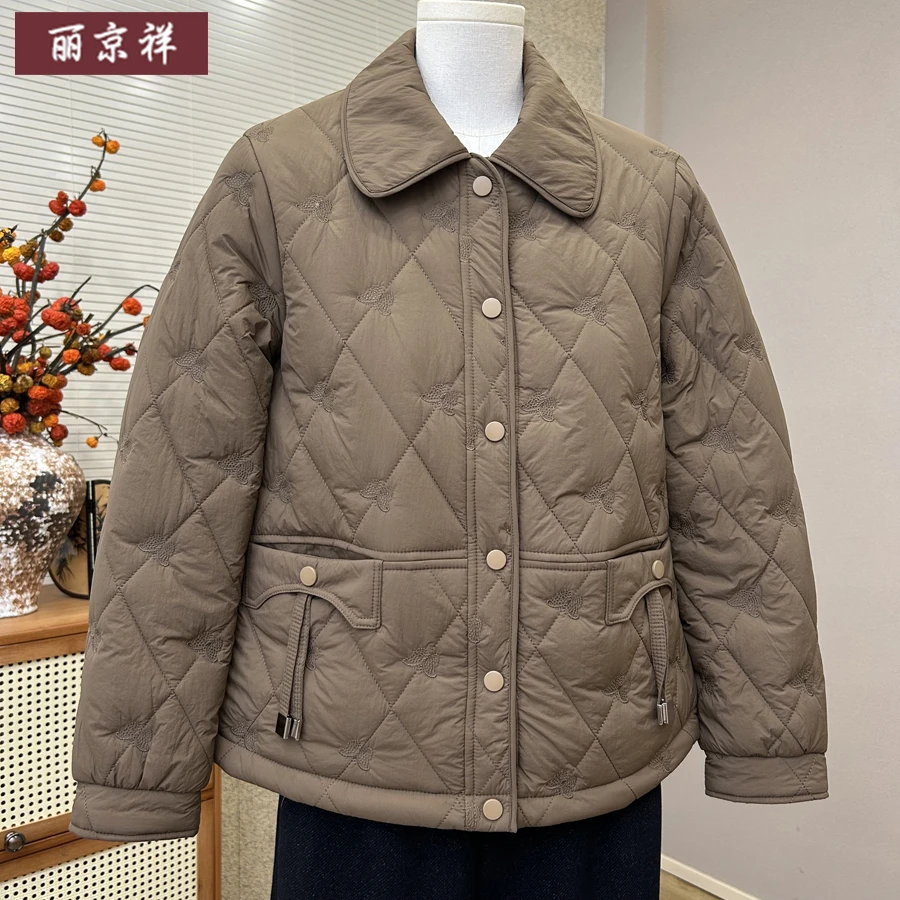 高端妈妈秋装新款时尚洋气高级独特翻领刺绣轻薄棉袄好看棉服