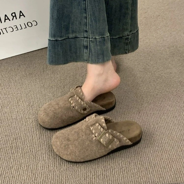 韩版复古晚晚风呢子包头半拖鞋女外穿一脚蹬厚底灰色毛毡勃肯鞋女