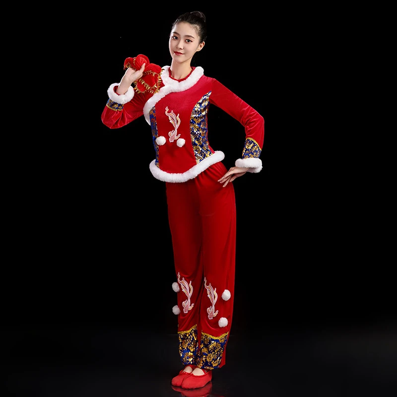 新款秧歌服女民族金丝绒广场舞套装红色喜庆打鼓服舞台演出服