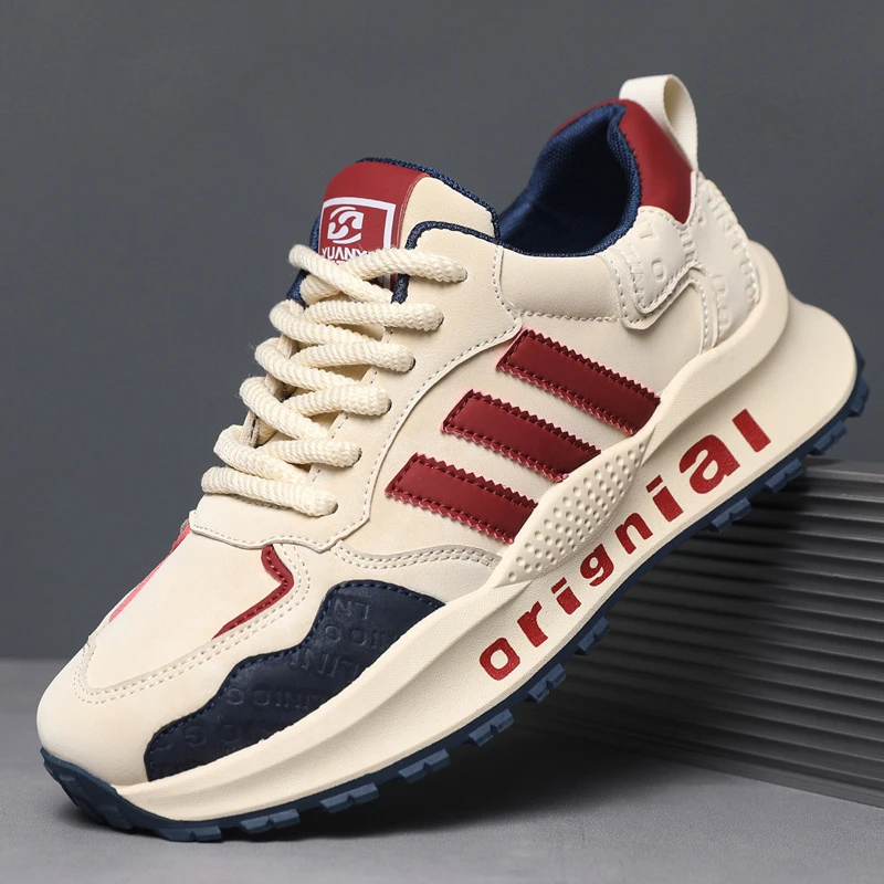 皮面时尚系带老爹鞋子2025春季新来厚底男士户外休闲鞋子男潮鞋