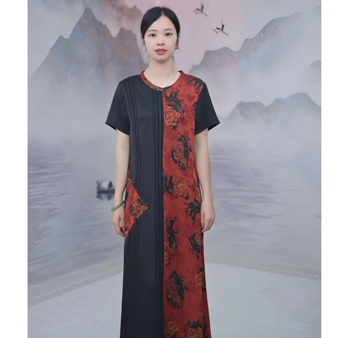 A29  新款复古印花国风中长款连衣裙高级感拼接时尚圆领长裙