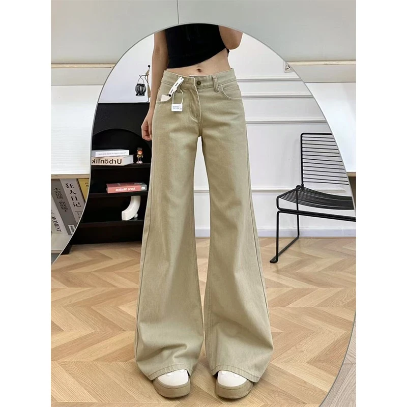 美式复古卡其色微喇牛仔裤女秋季低腰宽松直筒阔腿拖地梧桐长裤子