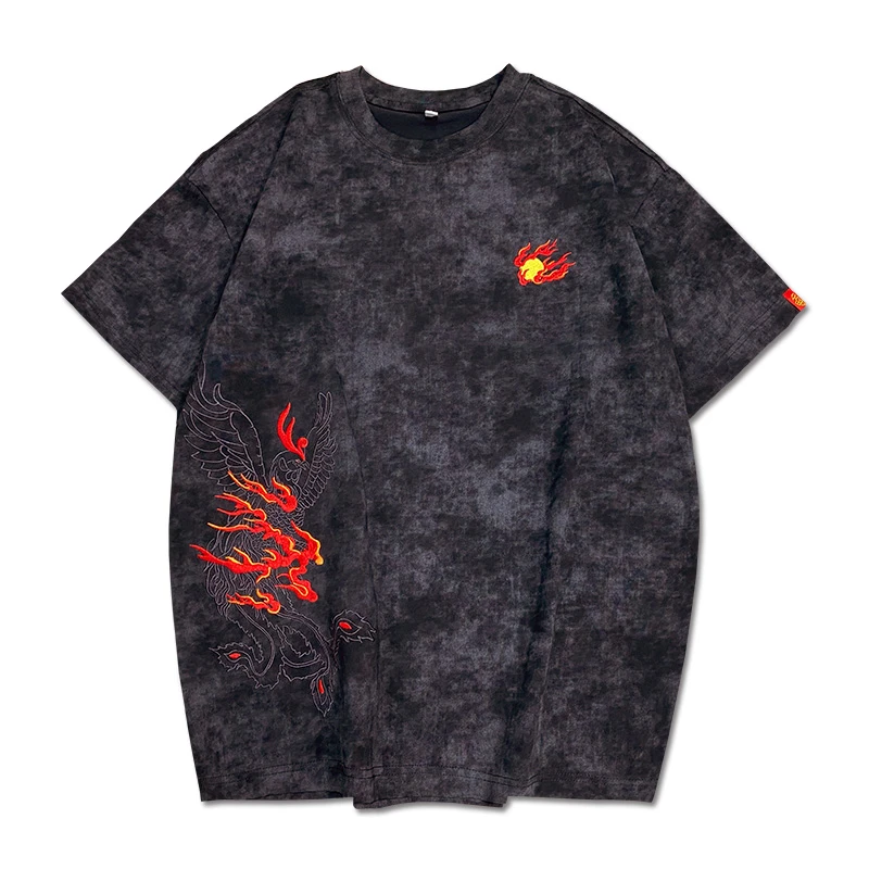 2025新款国潮火凤凰刺绣圆领短袖潮国风重磅春夏宽松高档男款t恤