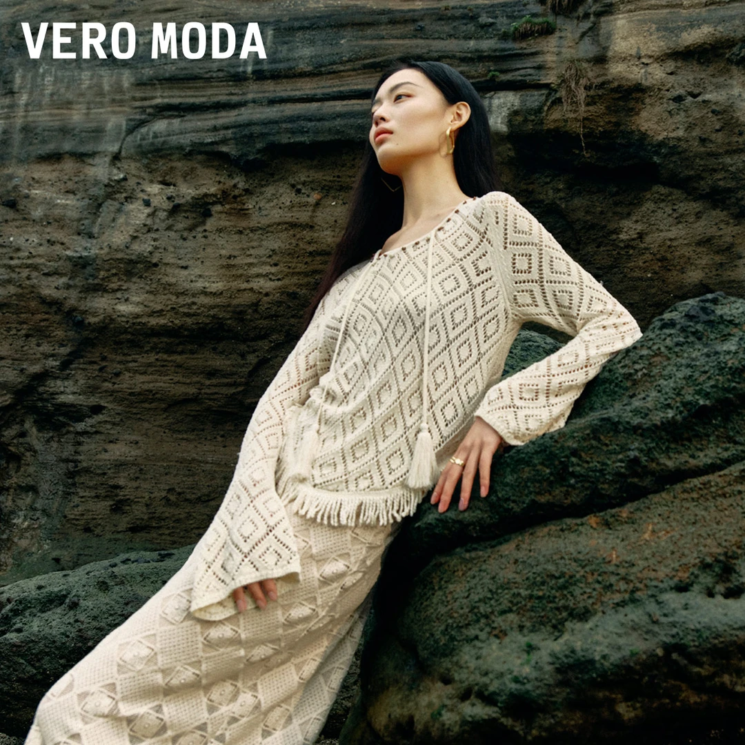 Vero Moda针织衫女新款V领喇叭袖流苏镂空波西米亚324324097