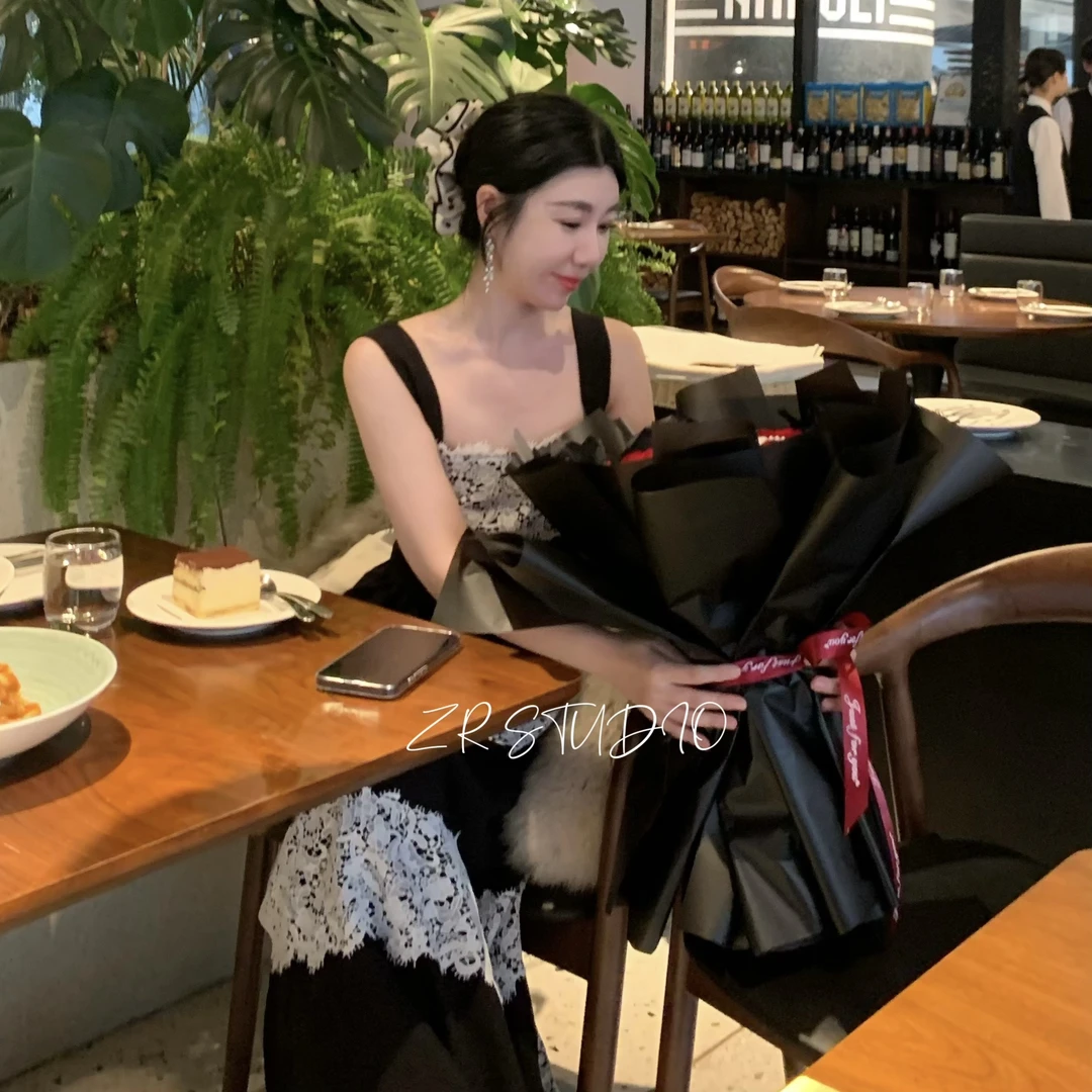清【D家重工吊带裙】黑白情书拼色钩花生日吊带气质A字大摆连衣裙