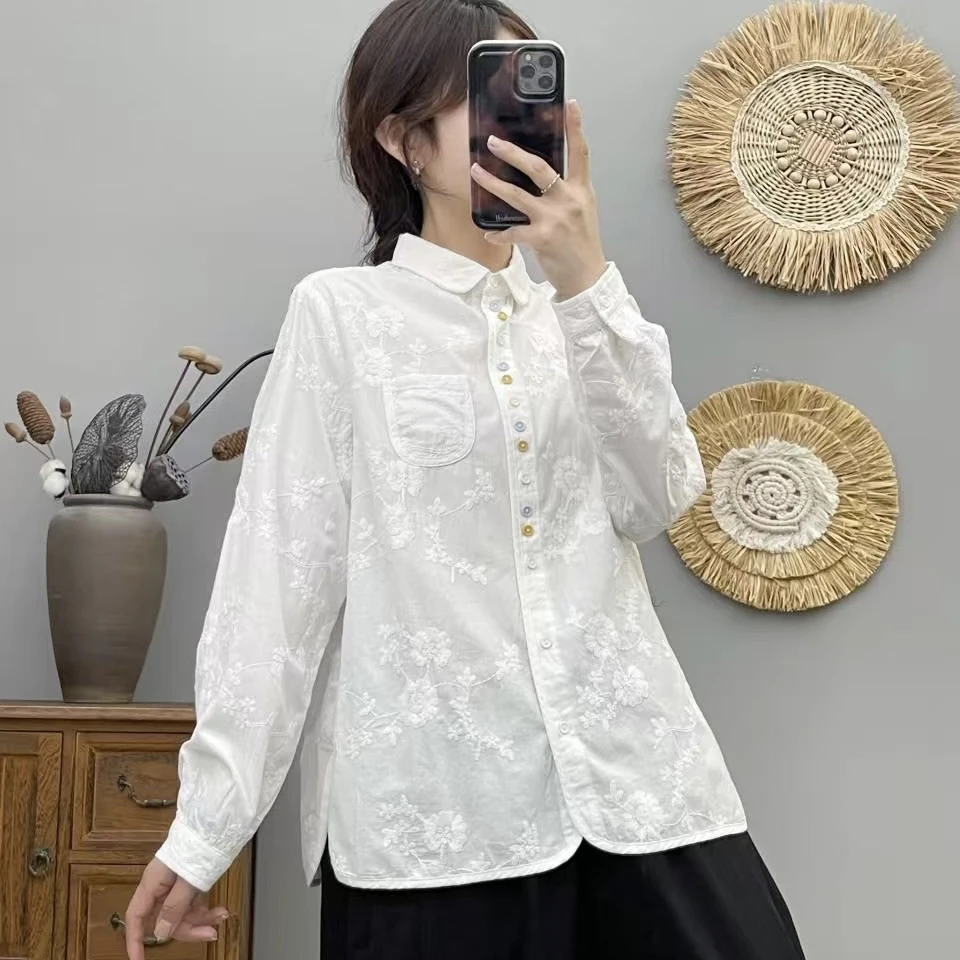 国风简约刺绣纯棉衬衫女秋季新款彩色纽扣宽松显瘦气质打底衬衣女