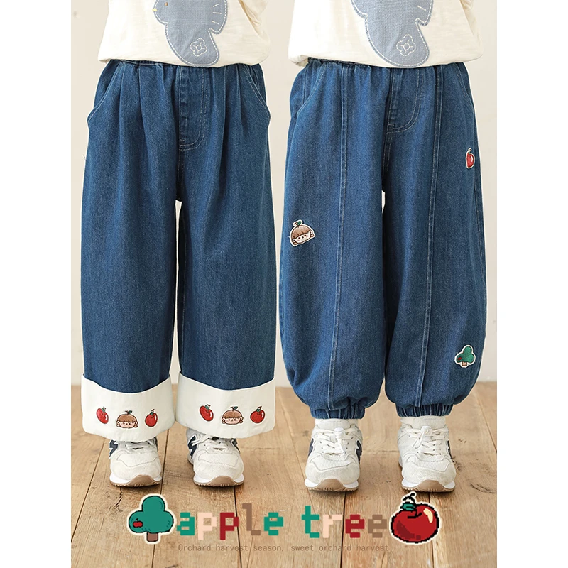 幼悠女童秋装卡通绣花裤子可爱女孩牛仔裤洋气儿童休闲裤潮C3223