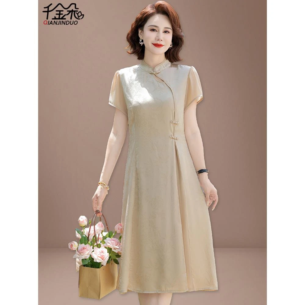 妈妈改良旗袍连衣裙气质高贵中老年女夏装短袖雪纺裙子母亲节衣服