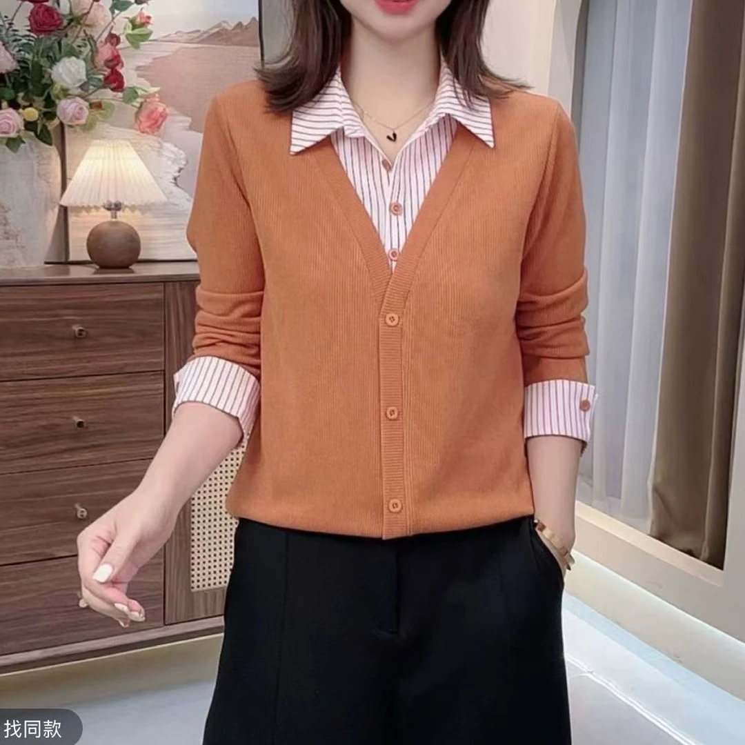 2025秋冬新款时尚百搭假两件长袖衬衫女修身洋气简约拼接条纹衬衣
