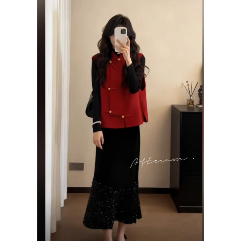 新年圣诞红色系穿搭一整套女2025秋冬新款千金风精致贵气轻奢套装
