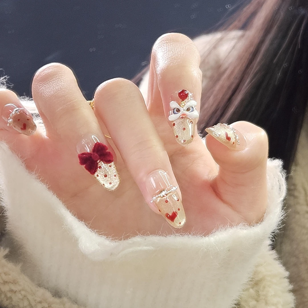 【心悦醒狮-金色版】艺艺纯手工穿戴甲新年美甲贴10片装