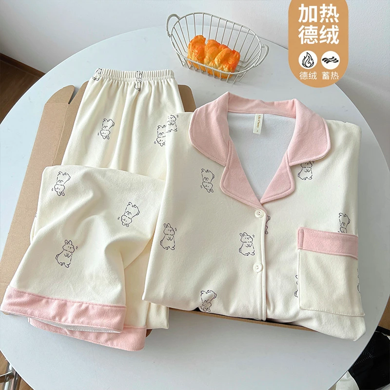 德绒卡通家居服套装秋冬睡衣女可爱甜美休闲时尚开衫翻领长袖长裤