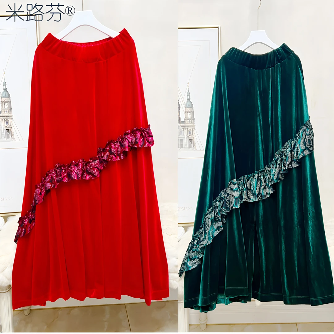 中老年秋冬百搭绒半身长裙广场舞民族舞蕾丝跳舞表演高腰A字裙子