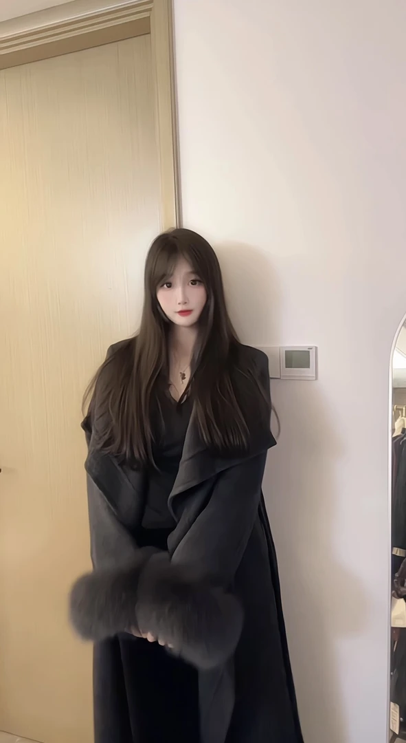 宽边领高级纹边双面羊毛大衣狐狸毛袖时尚气质加长款宽松毛呢外套