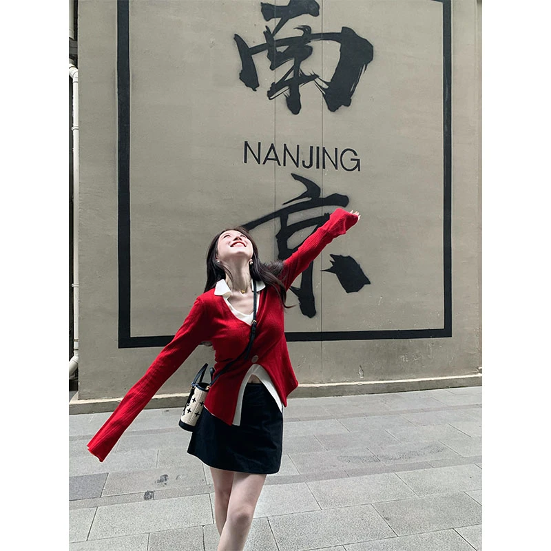 秋冬时尚套装设计感撞色小众洋气休闲长袖百搭上衣高腰修身半身裙