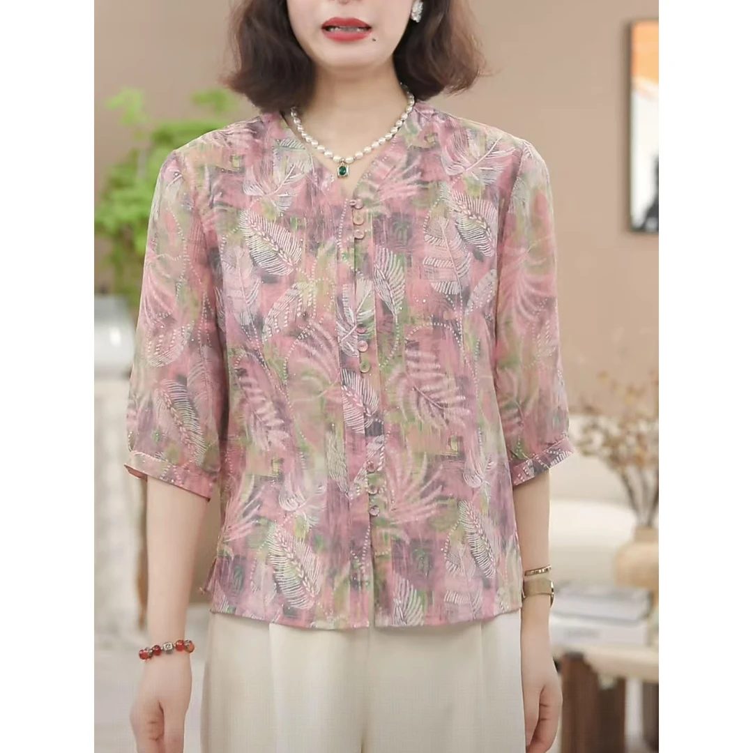 夏季新款气质印花V领七分袖衬衫女时尚妈妈轻薄遮肉显瘦百搭上衣