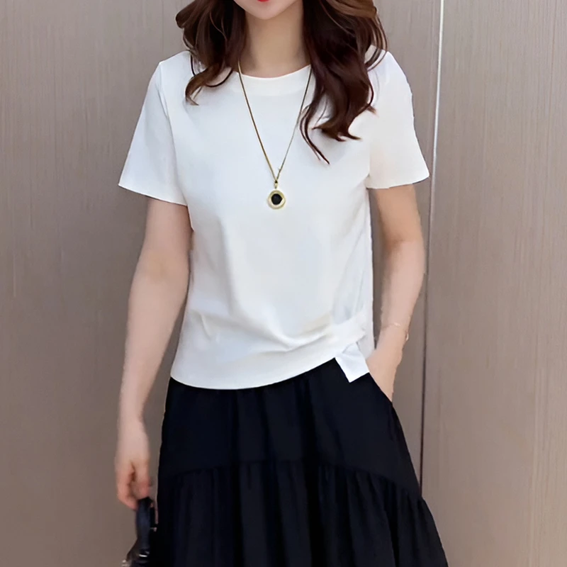高含棉设计感褶皱纯色短袖t恤女2025年夏季新款洋气百搭显瘦上衣