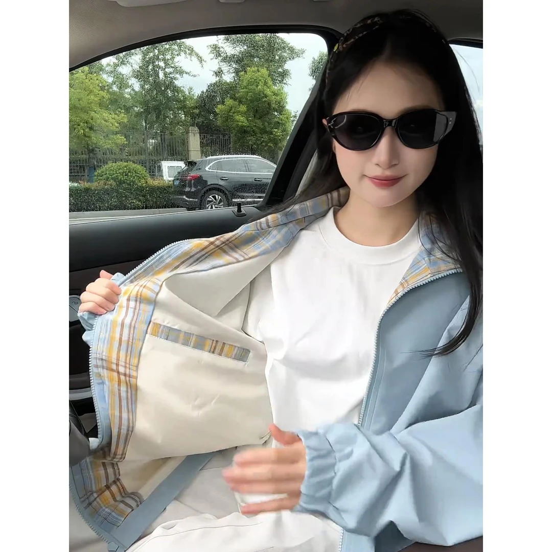 浅蓝色格子拼接外套男女款秋季设计感翻领情侣棒球服美式飞行夹克