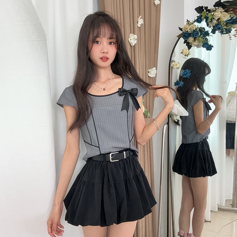 简约通勤学院风甜美清新条纹韩版短袖上衣