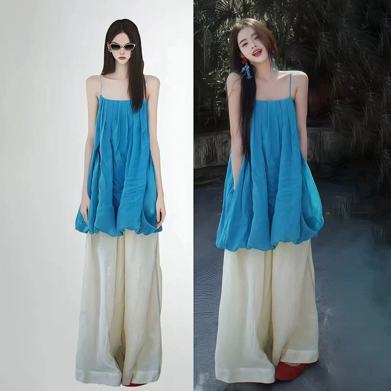 甜美风设计感蓝色花苞吊带背心女夏季宽松休闲裤阔腿裤韩系两件套