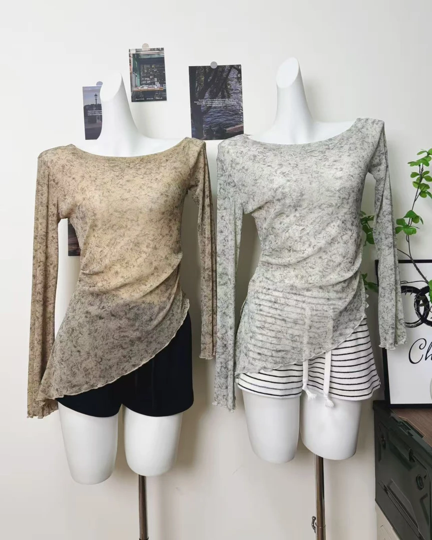 2025秋季新款气质晕染斜肩长袖t恤女显瘦不规则木耳边上衣针织