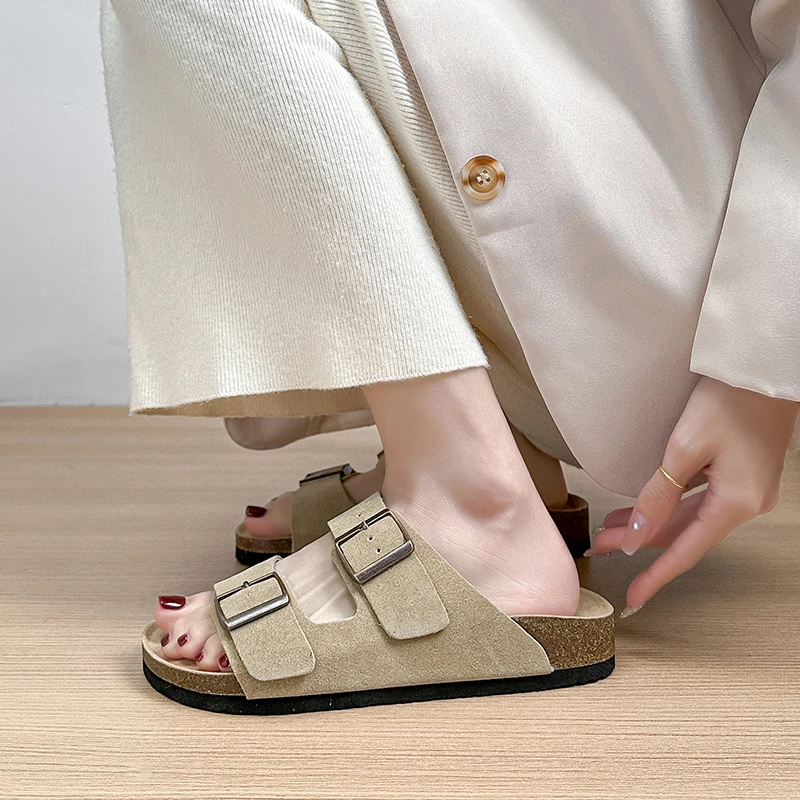 真皮勃肯拖鞋女2025年新款夏季露趾透气防滑一字拖鞋女夏平底凉拖