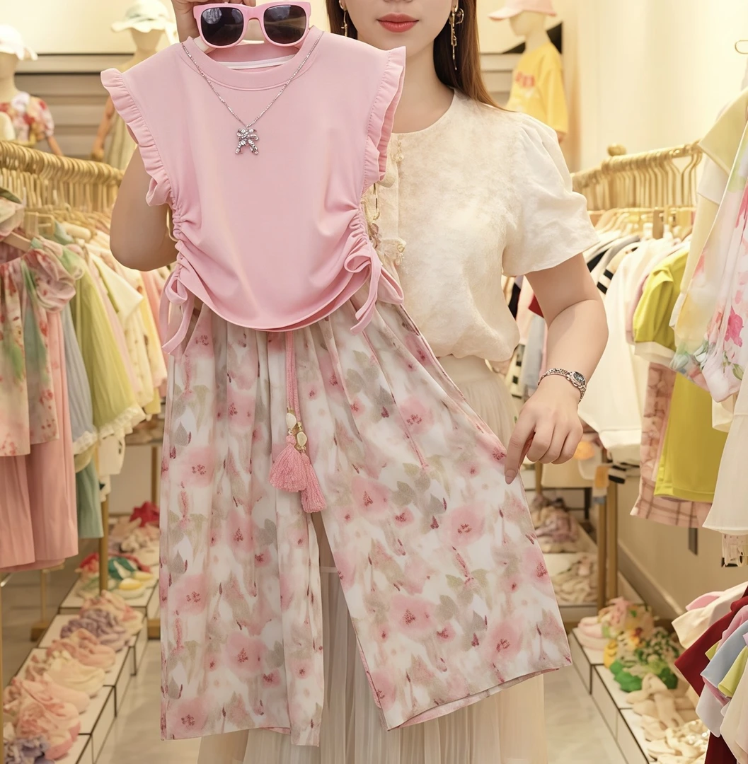 (安可儿)女童夏季2025新款儿童时尚洋气百搭碎花裤子两件套潮