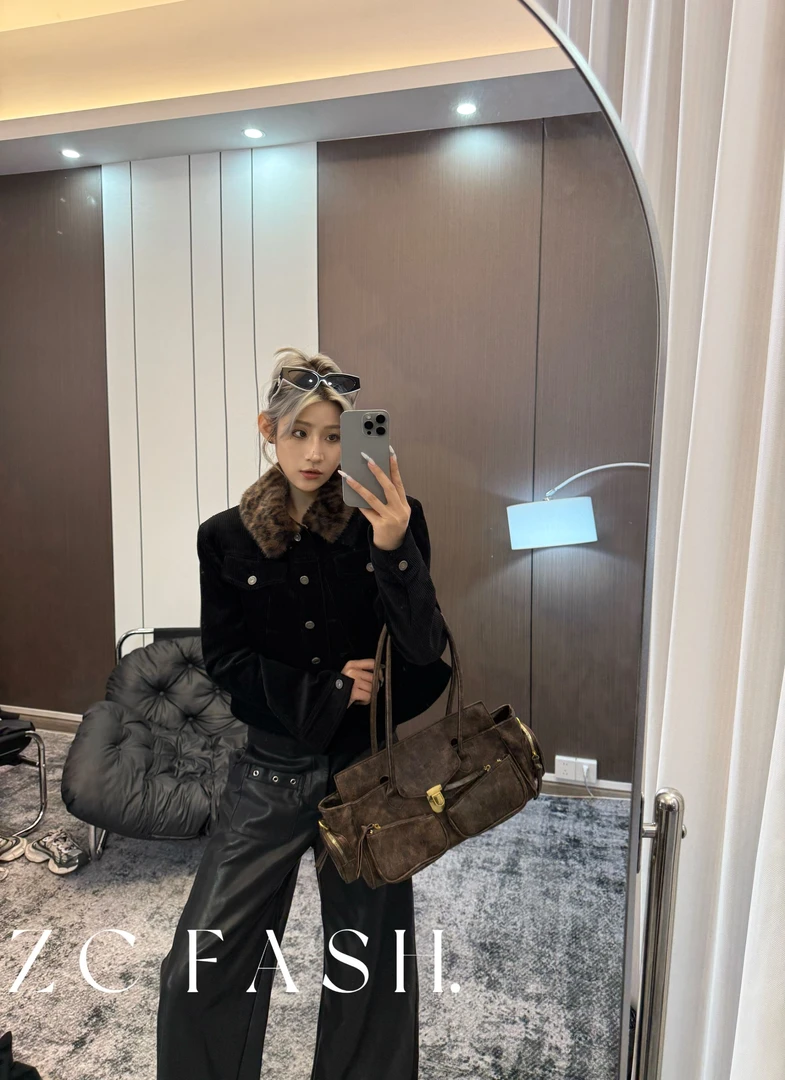 ZC-新款秋冬灯芯绒夹克拼接豹纹外套