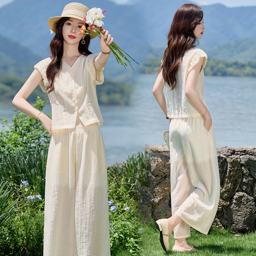 韩系松弛感休闲无袖套装女2025夏新款知性风洋气小众阔腿裤两件套