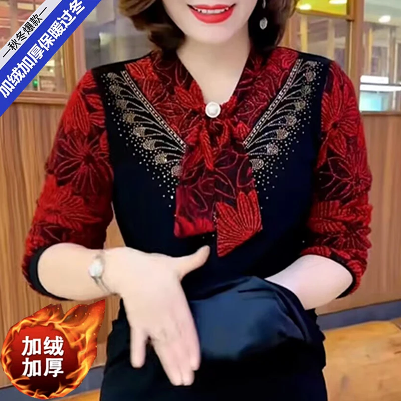 加绒保暖镶钻提花假两件打底衫长袖秋冬大码显瘦宽松妈妈T恤上衣