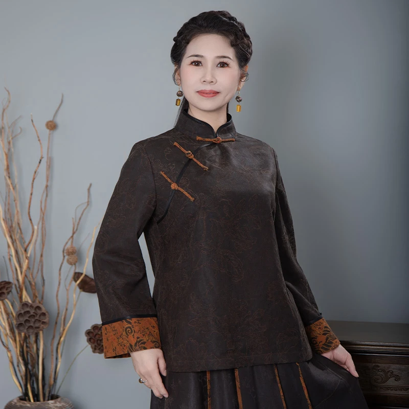 [山海经]香云纱重工素雅暗纹提花撞色拼接立领小上衣G282496-2