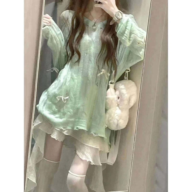 夏季设计感慵懒宽松薄荷绿不规则针织镂空罩衫蝴蝶结欧若风上衣潮