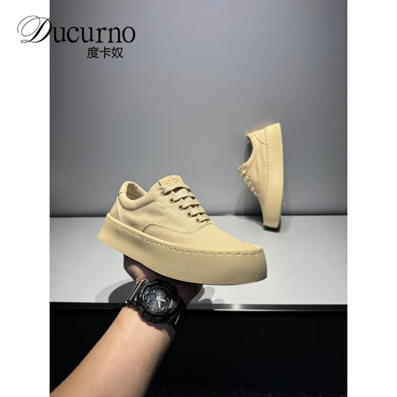 欧洲站潮流简约厚底帆布国潮男士休闲皮鞋男士秋季鞋子男阿甘鞋
