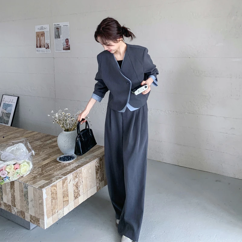 氛围感西服两件套女2025春秋新款韩系松弛感假两件西装外套阔腿裤