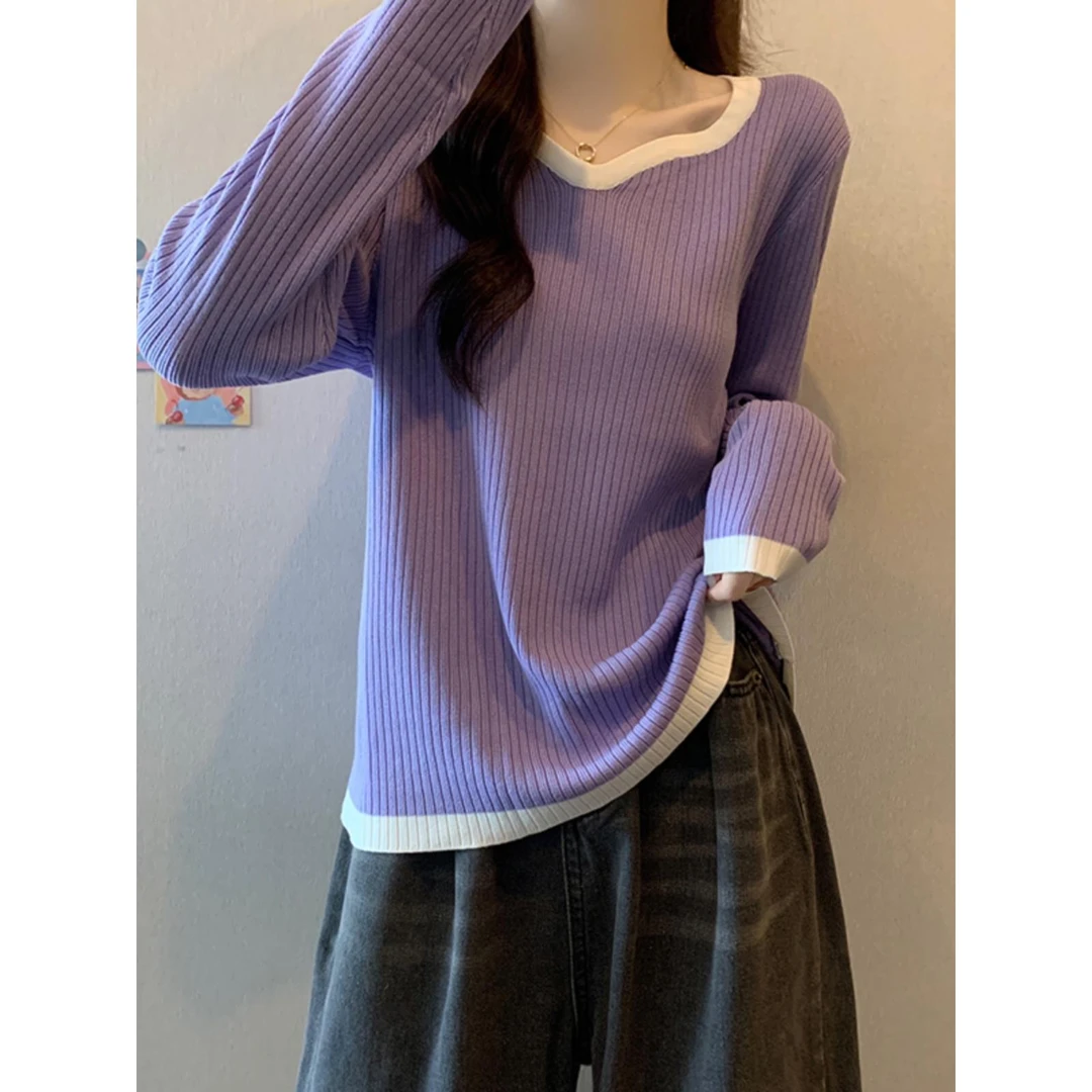 洋气减龄V领正肩紫色针织衫女秋季大码胖mm遮肚藏肉别致高级上衣