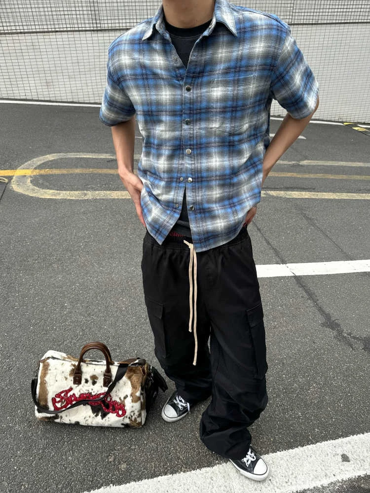 春夏男女同款新款定制精纺法兰绒短袖格纹衬衫tee 半袖衬衣港风