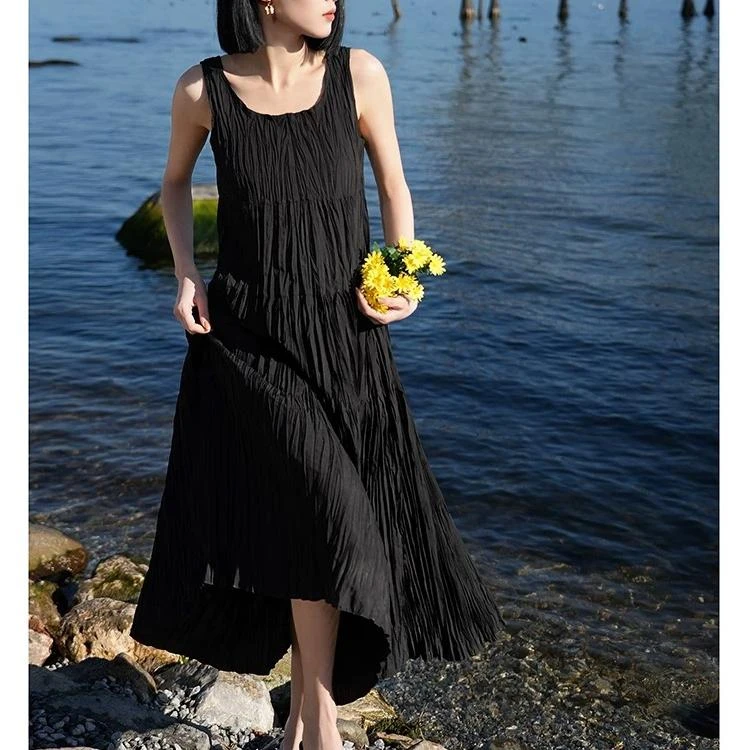 7650背心式压褶连衣裙宽松显瘦轻薄透气夏季女